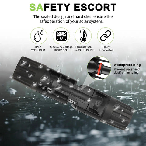 Close-up of waterproof 40 Pieces MC4 Solar Panel Connectors Kit with safety features and IP67 rating in a wet environment.