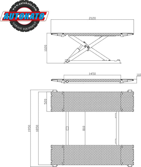 Technical drawing of 8000 Lbs Mid Rise Scissor Auto Car Lift With Electric Release Plug And Play 110V dimensions and details.