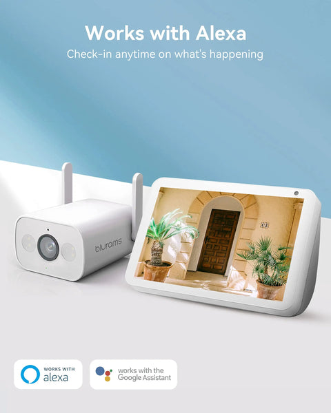 Image of Outdoor Security Camera With 3MP Color Night Vision, Two Way Audio, IP66 Weatherproof next to a smart display showing camera feed.