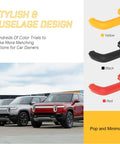 Two Pack Tow Hook Covers For Rivian R1T And R1S, Silicone Protective Caps in yellow, black, red; attached image of trucks