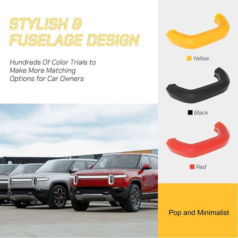 Two Pack Tow Hook Covers For Rivian R1T And R1S, Silicone Protective Caps in yellow, black, red; attached image of trucks
