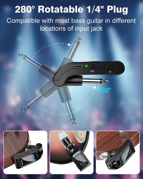 Wireless Guitar System 2.4GHz Six Channel Pro Grade Audio with 280° rotatable plug for electric guitars and bass