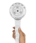 Hand holding a massage shower head with handheld spray and 5 foot hose, 6 massage modes for a spa like shower, white finish.