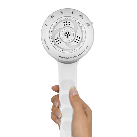 Hand holding a massage shower head with handheld spray and 5 foot hose, 6 massage modes for a spa like shower, white finish.