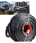 Heavy Duty Electric Winch Synthetic Rope Cable 38 Inch 23 Meters for off-road and vehicle recovery, displayed coiled with a hook.