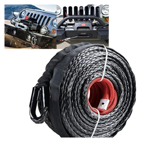 Heavy Duty Electric Winch Synthetic Rope Cable 38 Inch 23 Meters for off-road and vehicle recovery, displayed coiled with a hook.