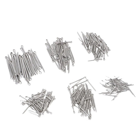 410 Piece Cotter Pins and Fastener Kit with 6 Size Options, piles of straight pins in different sizes, galvanized steel