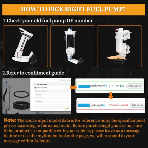 Image showing guide on selecting the right fuel pump for Honda Pioneer, with examples of fuel pump designs and a fitment chart.