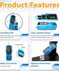 Handheld Surface Roughness Tester With Pro Grade Digital Profilometer showing battery life, storage, connectors, and platform features