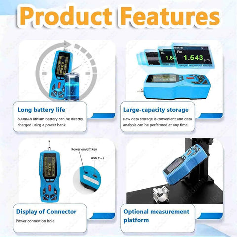 Handheld Surface Roughness Tester With Pro Grade Digital Profilometer showing battery life, storage, connectors, and platform features