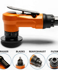 2-in-1 mini air chamfer tool side view; orange body with black end, trigger and dial