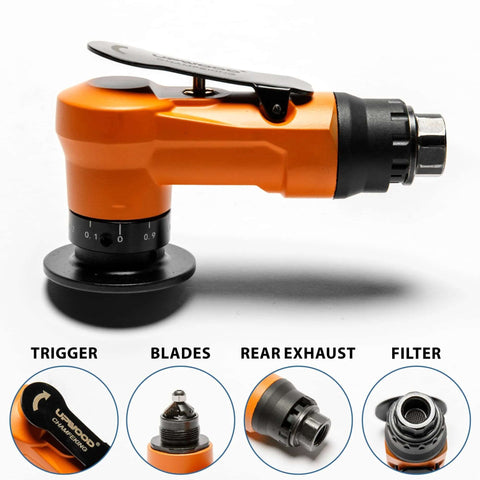 2-in-1 mini air chamfer tool side view; orange body with black end, trigger and dial