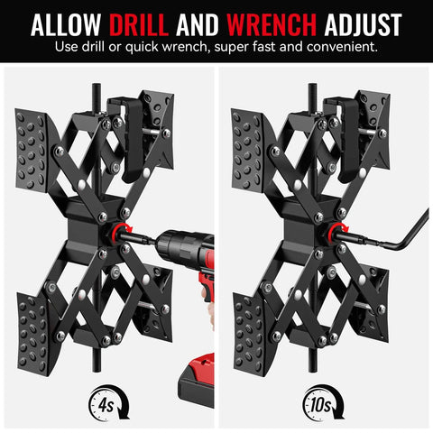 Heavy Duty Wheel Chocks Stabilizer For RVs Travel Trailers And Trucks Drill Adjustable 2 Pack in use with drill and wrench