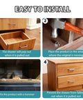 Installation steps for Heavy Duty Metal Drawer Stops Prevent Sliding Out 25 Piece Set, showing fitting and securing process.