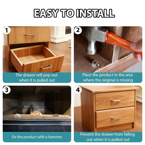 Installation steps for Heavy Duty Metal Drawer Stops Prevent Sliding Out 25 Piece Set, showing fitting and securing process.