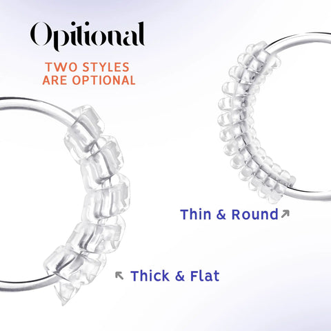 Invisible Silicone Ring Size Adjusters Kit With Four Size Options, 12 Pack, in use showing thick flat and thin round styles