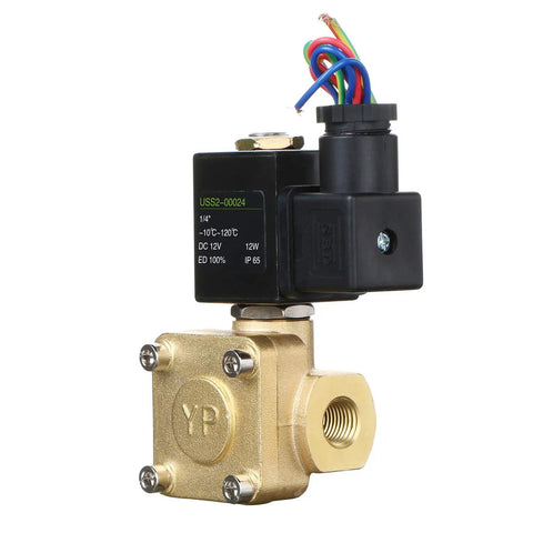 Heavy Duty 1/4 Inch Brass Electric Solenoid Valve 12V DC Normally Closed 230 PSI Viton Seal For Non Potable Water Air And Oil Industrial Grade Corrosion Resistant High Temperature Compatible, side view