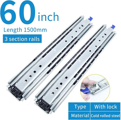 Heavy Duty Drawer Slides One Pair Telescopic Ball Bearing Tracks Full Extension Locking Brackets For Kitchen Cabinets And Pantry, 60 inch.