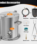 6Kg Hinged Flip Top Propane Melting Furnace For Aluminum Copper Silver Gold Alloys High Temp Foundry Kiln Reaches 2500F Durable Stainless Steel Body Easy To Use For Beginners And Pros with accessories including graphite crucible, regulator, fire brick, PTFE tape, tongs, brass torch, and thumb screw.