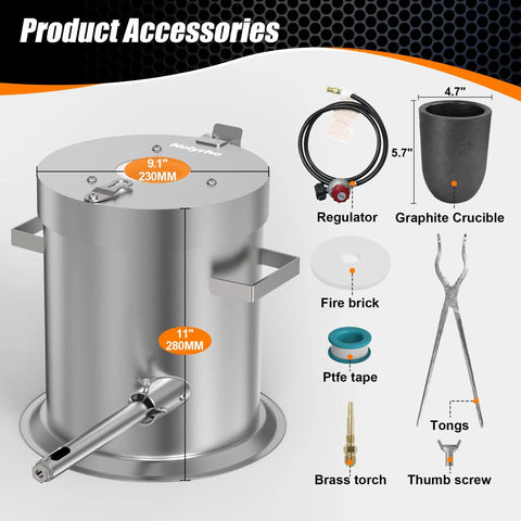 6Kg Hinged Flip Top Propane Melting Furnace For Aluminum Copper Silver Gold Alloys High Temp Foundry Kiln Reaches 2500F Durable Stainless Steel Body Easy To Use For Beginners And Pros with accessories including graphite crucible, regulator, fire brick, PTFE tape, tongs, brass torch, and thumb screw.