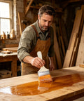 Man using Stain Applicator Set With Nylon Bristle Filaments on wooden table, showcasing smooth ergonomic wooden handle.