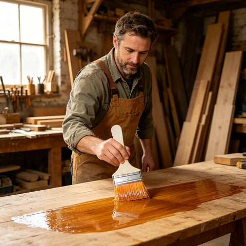 Man using Stain Applicator Set With Nylon Bristle Filaments on wooden table, showcasing smooth ergonomic wooden handle.