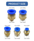 Brass push-to-connect pneumatic fittings with blue collars for 4–12 mm tubing and 1/4" G thread, 25-pc set (front view)