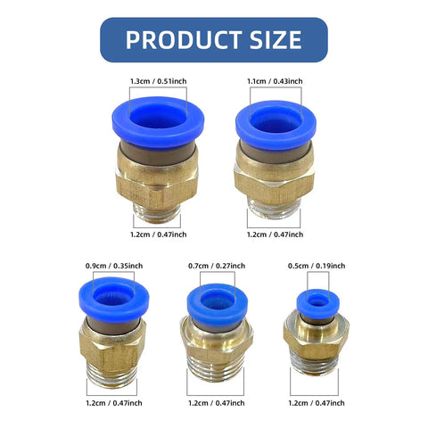 Brass push-to-connect pneumatic fittings with blue collars for 4–12 mm tubing and 1/4" G thread, 25-pc set (front view)