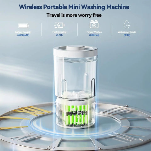No Sweat Rechargeable Mini Washing Machine For Underwear And Makeup Brushes Super Portable Laundry Savior Quick Rinse Tiny Lingerie Cleanser in clear material with battery and design features.
