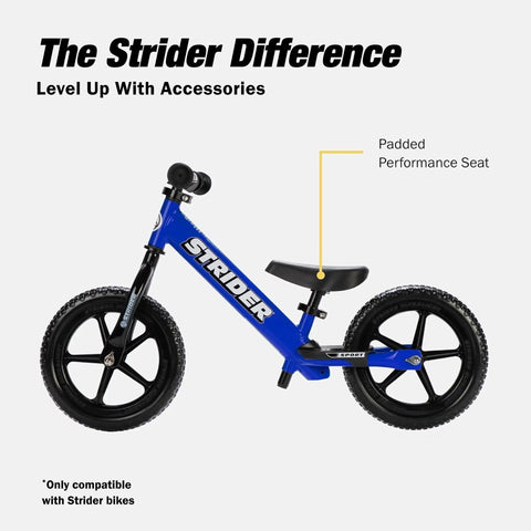 Strider bike with Performance Seat With XL Post For 12 And 14X Balance Bikes Extends Seat Height From 15 To 19 Inches Quick No Tool Assembly