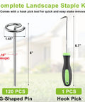 Heavy Duty 8 Gauge Landscape Staples Set Of 120 With Pick Hook, 6 Inch G Shaped Garden Stakes, Galvanized Steel