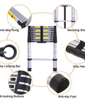 Collapsible Telescoping Ladder 9.5 Ft Reach with features like anti-skip rung, safety locking bar, and grip handle for DIY projects.