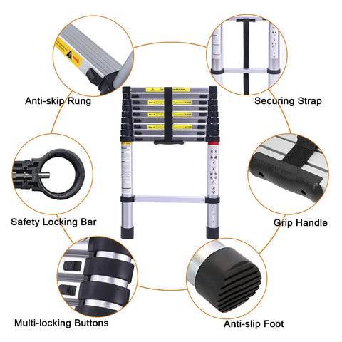 Collapsible Telescoping Ladder 9.5 Ft Reach with features like anti-skip rung, safety locking bar, and grip handle for DIY projects.