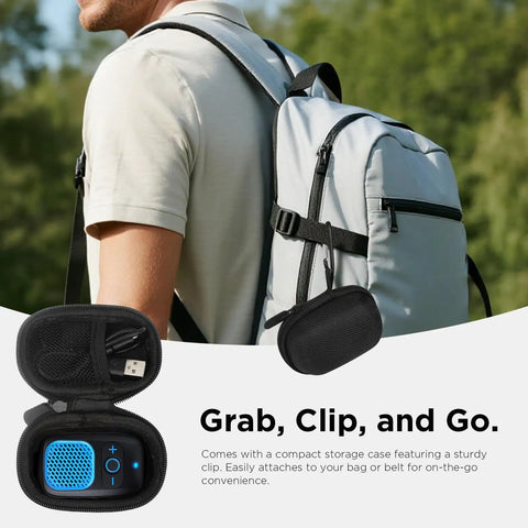 Wearable Bluetooth Speaker With All Day Battery Life And Clip On Convenience For Job Sites Water Resistant Pro Portable Speaker With Built In Mic For Hands Free Music And Calls Blue Non Magnet attached to backpack.