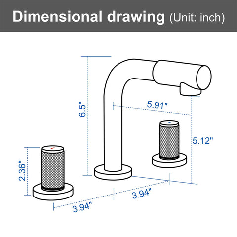 Dimensional drawing of 8 Inch Widespread Bathroom Faucet With 360 Degree Swivel Spout And Nozzle, Brushed Gold Finish