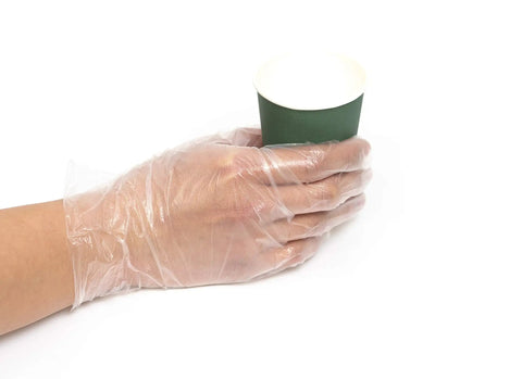 Hand wearing Latex Free Poly Disposable Gloves Ambidextrous Medium 1000 Count Pack For Light Duty Kitchen Tasks And Food Service Prep