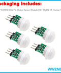 5-pack AM312 Mini PIR Motion Sensor Module HC SR312 IR Human Sensor for Arduino, front view, green circuit board with white dome