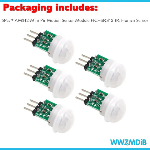 5-pack AM312 Mini PIR Motion Sensor Module HC SR312 IR Human Sensor for Arduino, front view, green circuit board with white dome