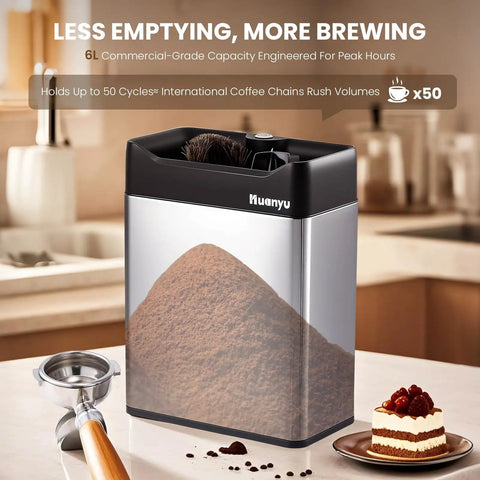Automatic Electric Portafilter Cleaner With Quick Snap Three Way Mount And Six Liter Reservoir Fits Fifty One And Fifty Eight Millimeter Espresso Baskets No Mess Barista Approved Maintenance For Top Shelf Coffee Rig Zero Grind Leftovers Daily, featuring 6L capacity with coffee grounds.