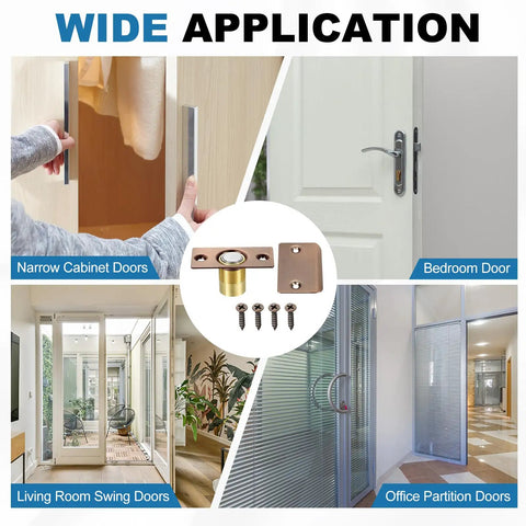 Copper Magnetic Door Ball Catch Set, 8 Pack for Top Of Doors and Invisible Cabinets, shown in various door applications