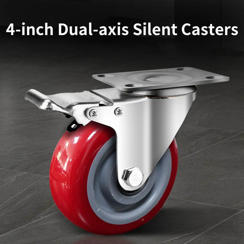4-inch dual-axis silent caster with red wheel and metal bracket for mobile tool chest use