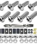 Heavy Duty Stainless Steel License Plate Screw Hardware Set With M6 Quarter Inch Bolt Fasteners Plus Slick Chrome Snap Caps For Cars Trucks And Everyday Rides, includes chrome screws, driver and plastic caps.
