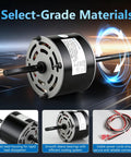 RV Air Conditioner Fan Motor Replacement With Capacitor One Third Horsepower 115V Dual Speed 1675 And 1080 RPM Replaces D1092 For Your RV Rig Coleman Mach 1468-306 1468-3069 7184-0156 7184-0432 7855MVA A11U displayed with components and features