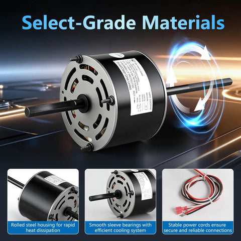 RV Air Conditioner Fan Motor Replacement With Capacitor One Third Horsepower 115V Dual Speed 1675 And 1080 RPM Replaces D1092 For Your RV Rig Coleman Mach 1468-306 1468-3069 7184-0156 7184-0432 7855MVA A11U displayed with components and features