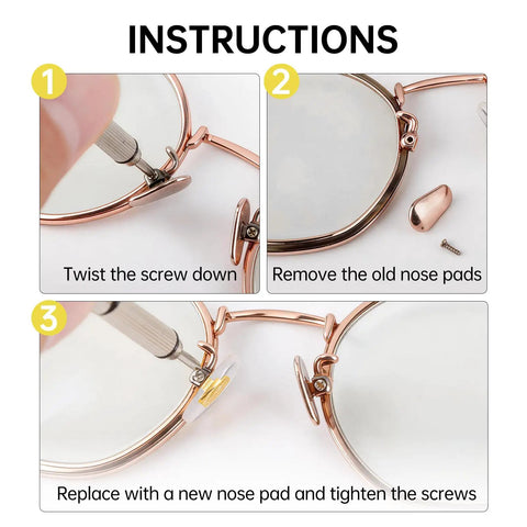 Instructions for installing Top Shelf Nose Pads Replacement For Sunglasses And Glasses on eyeglass frames.