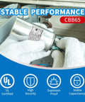 Technician holding Dual Run Round CBB65 Capacitor 30 Plus 5 MFD Five Percent Tolerance 370 To 440 Volt for AC Motors HVAC.