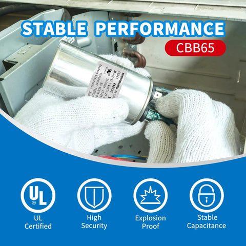 Technician holding Dual Run Round CBB65 Capacitor 30 Plus 5 MFD Five Percent Tolerance 370 To 440 Volt for AC Motors HVAC.