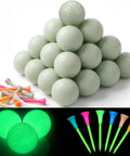 Glow In The Dark Golf Practice Ball Set With 20 Glow Balls And 20 Rubber Tees 42 Point 6 Mm Size For Night Training In Your Backyard Driving Net Charge Under Light No LED Or Batteries Needed For After Sunset Golf Practice, showcasing a pyramid of golf balls and colorful tees.