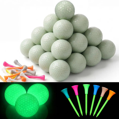 Glow In The Dark Golf Practice Ball Set With 20 Glow Balls And 20 Rubber Tees 42 Point 6 Mm Size For Night Training In Your Backyard Driving Net Charge Under Light No LED Or Batteries Needed For After Sunset Golf Practice, showcasing a pyramid of golf balls and colorful tees.