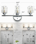 Three Light Crystal Vanity Bathroom Light Fixture, 16 Inch Chrome Over Mirror with mounted installation examples on marble wall